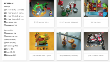 Foto van de digitale catalogus van de Speelotheek Hoograven, je ziet de zoekfuncties en filters om speelgoed te zoeken 